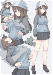 Rule 34 | 1boy, 1girl, arched back, blue headwear, blue jacket, blush, boots, breasts, brown eyes, brown hair, clenched teeth, closed eyes, disembodied hand, full body, girls und panzer, grabbing, grabbing another&#039;s breast, grabbing from behind, hat, hetero, jacket, keizoku military uniform, large breasts, leaning back, long hair, long sleeves, mika (girls und panzer), military, military vehicle, motor vehicle, multiple views, shiseki hirame, tank, teeth, translation request, tulip hat