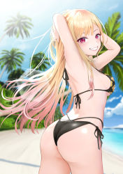 Rule 34 | 1girl, :d, absurdres, armpits, arms behind head, arms up, ass, bikini, black bikini, black ribbon, blurry, blurry background, blush, breasts, commentary request, cowboy shot, day, depth of field, from behind, gibun (sozoshu), grin, halterneck, highres, kitagawa marin, large breasts, lens flare, long hair, looking at viewer, looking back, ocean, open mouth, outdoors, palm tree, parted lips, print bikini, red eyes, ribbon, side-tie bikini bottom, sideboob, smile, solo, sono bisque doll wa koi wo suru, string bikini, sunlight, swimsuit, teeth, tree, twisted torso, very long hair