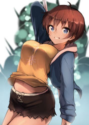Rule 34 | 1girl, absurdres, arched back, arm up, black skirt, blue eyes, blue jacket, blurry, blurry background, blush, breasts, brown hair, commentary, cowboy shot, cowlick, depth of field, grin, hair between eyes, highres, holding, holding staff, hood, hood down, jacket, kootee-on, large breasts, long sleeves, looking at viewer, midriff, midriff peek, navel, new game!, raised eyebrows, shinoda hajime, shirt, short hair, skirt, smile, solo, staff, yellow shirt