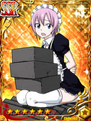 Rule 34 | 1girl, arms behind back, bdsm, blue eyes, bondage, bound, brick, fairy tail, hair ornament, humiliation, ishidaki, kneeling, looking at viewer, maid, official art, open mouth, pink hair, punishment, rock, short hair, sitting, stone, thighhighs, torture, virgo (fairy tail)