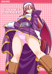 Rule 34 | 1girl, aq interactive, arcana heart, arcana heart 2, argyle, argyle background, argyle clothes, atlus, bat wings, belt, blush, boots, breasts, character name, clarice di lanza, closed eyes, clothes lift, dress, dress lift, examu, from below, habit, happy, knee boots, large breasts, legs, long hair, looking down, nun, panties, pantyshot, perspective, pink hair, pink panties, raven (artist), side-tie panties, skirt, skirt lift, smile, solo, underwear, upskirt, very long hair, wings