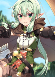 Rule 34 | 10s, 1girl, asymmetrical sleeves, belt, black bow, black gloves, blue sky, blush, bow, bow (weapon), brown shorts, cloak, corset, crossbow, elf, gloves, goblin slayer!, green eyes, green hair, half-closed eyes, high elf archer (goblin slayer!), hip vent, hood, hooded cloak, lo xueming, looking at viewer, outdoors, pointy ears, shorts, sidelocks, sky, smile, tree, uneven sleeves, weapon