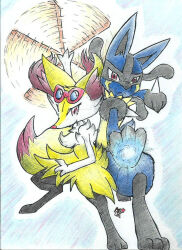 Rule 34 | 10s, black hair, braixen, closed mouth, creatures (company), fullfolka, furry, game freak, gen 4 pokemon, gen 6 pokemon, legs, lucario, nintendo, orange eyes, pokemon, pokemon (creature), red eyes, sidelocks, smile, stick, sunglasses, traditional media