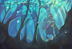 Rule 34 | 1boy, cmyk404, fengxi (the legend of luoxiaohei), forest, hair over one eye, highres, long hair, long sleeves, nature, outdoors, plant, profile, purple hair, solo, standing, luo xiaohei zhanji, tree, very long hair, wide shot