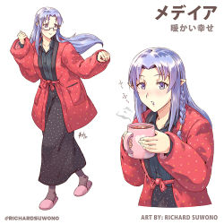 Rule 34 | 1girl, alternate costume, bespectacled, black skirt, blue eyes, blue hair, braid, commentary, cup, english commentary, fate/stay night, fate (series), glasses, holding, holding cup, long hair, long skirt, medea (fate), mug, pointy ears, richard suwono, side braid, skirt, slippers