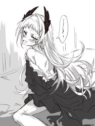 Rule 34 | 1girl, an fyhx, arknights, back, bare shoulders, bite mark, blush, closed mouth, from behind, greyscale, hand on own shoulder, head wings, highres, irene (arknights), long hair, looking at viewer, looking back, monochrome, motion lines, off shoulder, pantyhose, scar, scar across eye, scar on face, sitting, solo, speech bubble, trembling, very long hair, wings