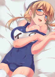 Rule 34 | 10s, 1girl, blonde hair, blue eyes, breasts, glasses, hat, i-8 (kancolle), kantai collection, large breasts, long hair, lying, mole, name tag, on back, on bed, one-piece swimsuit, open mouth, personification, red-framed eyewear, school swimsuit, smile, solo, suikamaru, swimsuit, thighhighs, twintails, white thighhighs