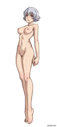 Rule 34 | .hack//, 1girl, bandai, barefoot, breasts, cleft of venus, cyber connect 2, feet, full body, highres, nude, pussy, shino (.hack//g.u.), short hair, silver hair, simple background, solo, speh, standing, tiptoes, toes, uncensored, white background