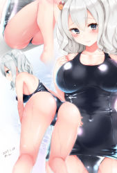 Rule 34 | 10s, 1girl, 2017, alternate costume, ass, bare arms, bare legs, bare shoulders, blue eyes, blush, breasts, cleavage, covered navel, dated, from behind, hair between eyes, highres, kantai collection, kashima (kancolle), large breasts, leaning forward, looking at viewer, multiple views, one-piece swimsuit, sakiryo kanna, shiny clothes, silver hair, sitting, swimsuit, thighs, tsurime, twintails, upper body, wavy hair, wet, wet clothes, wet swimsuit