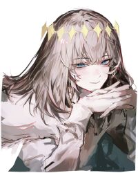 Rule 34 | 1boy, absurdres, blue eyes, border, brown hair, cape, closed mouth, fate/grand order, fate (series), grey background, grey border, halo, head rest, highres, kkuekkue (chifer1958), long sleeves, looking at viewer, male focus, multicolored eyes, oberon (fate), own hands together, red eyes, shirt, smile, solo, white cape, white shirt