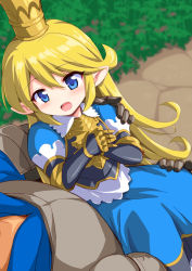 Rule 34 | 10s, 1girl, :d, armor, blonde hair, blue dress, blue eyes, blush, breastplate, carrying, charlotta (granblue fantasy), crown, dress, gauntlets, granblue fantasy, harvin, long hair, marugoshi (54burger), metal gloves, open mouth, pointy ears, princess carry, smile, very long hair