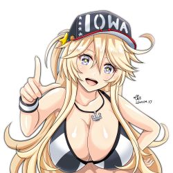 Rule 34 | 1girl, anchor, baseball cap, bikini, blonde hair, blue eyes, breasts, character name, cleavage, collarbone, dated, hair ornament, hat, highres, iowa (kancolle), jewelry, kantai collection, large breasts, looking at viewer, necklace, pointing, signature, simple background, smile, solo, star-shaped pupils, star (symbol), star hair ornament, striped bikini, striped clothes, swimsuit, symbol-shaped pupils, tk8d32, upper body, white background, wristband