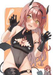 Rule 34 | 2girls, @ @, absurdres, arm strap, bare shoulders, black gloves, black hairband, black legwear, black leotard, blush, border, breasts, chibi, chibi inset, claw pose, cleavage, cleavage cutout, clothing cutout, collarbone, covered navel, cowboy shot, demon horns, demon tail, elbow gloves, embarrassed, empty eyes, flying sweatdrops, gloves, groin, hairband, heart, heart-shaped eyes, heart o-ring, highleg, highleg leotard, highres, horns, idolmaster, idolmaster shiny colors, leotard, long hair, looking at viewer, medium breasts, multiple girls, open mouth, orange background, orange hair, osaki amana, osaki tenka, outside border, siblings, simple background, single thighhigh, sisters, solo focus, speech bubble, spoken blush, swept bangs, tail, taking picture, thigh strap, thighhighs, twins, very long hair, wanimaru, white border, yellow eyes