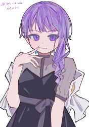 1girl absurdres artist_name asymmetrical_hair black_dress cevio closed_mouth dress hand_up highres long_hair looking_at_viewer purple_eyes purple_hair short_sleeves simple_background single_sidelock solo twitter_username upper_body vocaloid white_background yuyu_no_suke yuzuki_yukari yuzuki_yukari_(rei)