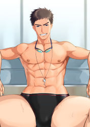Rule 34 | 1boy, abs, arm rest, bench, black male swimwear, blue eyes, brown hair, bulge, collarbone, goggles, goggles around neck, grin, hamukazuchan, lanyard, looking at viewer, male focus, male swimwear, navel, nipples, original, pectorals, short hair, sitting, smile, solo, spread legs, swim briefs, toned, toned male, wet, whistle, whistle around neck