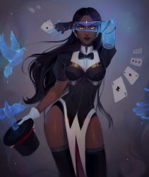Rule 34 | 1girl, absurdres, artist name, bad id, bad tumblr id, between fingers, bird, black gloves, black hair, black thighhighs, bow, bowtie, card, card between fingers, commentary, curvy, dark-skinned female, dark skin, english commentary, female focus, fingerless gloves, forehead jewel, gloves, hat, highres, holding, lipstick, long hair, looking at viewer, magician symmetra, makeup, matilda fiship, official alternate costume, overwatch, overwatch 1, pelvic curtain, playing card, puffy short sleeves, puffy sleeves, red lips, short sleeves, solo, symmetra (overwatch), thighhighs, top hat, yellow eyes