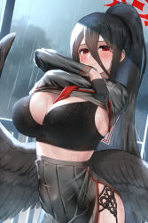 Rule 34 | 1girl, black bra, black gloves, black hair, black serafuku, black shirt, black skirt, blouse, blue archive, blush, bra, breasts, breasts out, clothes lift, feathered wings, garter belt, gloves, hair between eyes, hasumi (blue archive), highres, lace, large breasts, long hair, long sleeves, looking at viewer, low wings, neckerchief, pleated skirt, ponytail, rain, red eyes, red neckerchief, sailor collar, school uniform, serafuku, shirt, shirt lift, short sleeves, sidelocks, skirt, smile, solo, standing, underwear, undressing, ushimittsu, very long hair, wet, wet clothes, wings