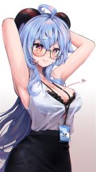 Rule 34 | 1girl, 3:, ahoge, alternate costume, armpits, arms up, bespectacled, black-framed eyewear, black bra, black skirt, blue hair, blush, bra, bra visible through clothes, breasts, chromatic aberration, cleavage, closed mouth, contemporary, ganyu (genshin impact), genshin impact, glasses, gradient background, highres, horns, id card, large breasts, leehwa, long hair, looking down, office lady, pencil skirt, popped button, purple eyes, see-through, semi-rimless eyewear, skirt, solo, under-rim eyewear, underwear, very long hair, white background