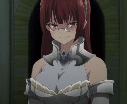 Rule 34 | 10s, 1girl, alicia crystella, bare shoulders, body armor, breasts, brown hair, evil grin, evil smile, glasses, grin, isekai maou to shoukan shoujo no dorei majutsu, kaneko shizue, long hair, looking over eyewear, matching hair/eyes, red eyes, red hair, round eyewear, screencap, smile, solo, standing, stitched, third-party edit, upper body