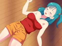 Rule 34 | 1girl, :o, aqua hair, bare arms, bare legs, bare shoulders, blush, breasts, bulma, covered erect nipples, dragon ball, dragon ball (classic), engawa suguru, closed eyes, female focus, hair ornament, large breasts, legs, long hair, lying, neck, on back, on floor, open mouth, orange shorts, red tube top, round teeth, shorts, side ponytail, solo, strapless, teeth, thighs, tube top, tube top, unconscious, wooden floor