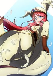 Rule 34 | 1girl, arc system works, ass, blazblue, blue eyes, blush, breasts, cape, feathers, from below, gloves, hair tubes, hat, highres, long hair, looking at viewer, looking down, military, military uniform, open mouth, oulu, pants, red hair, sideboob, solo, tsubaki yayoi, uniform, very long hair
