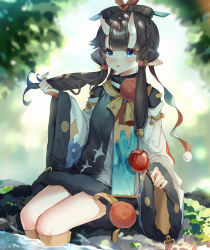 Rule 34 | 1girl, absurdres, aqua ribbon, asymmetrical footwear, blue footwear, blurry, blurry background, blush, boots, candy apple, dappled sunlight, day, dress, feet out of frame, food, fur-trimmed sleeves, fur trim, guzangnanfeng, hair bun, hair ornament, hair ribbon, hair stick, highres, holding, holding food, holding own hair, horns, knee boots, long hair, long sleeves, mismatched footwear, mizura, nature, on ground, oni horns, original, parted lips, plant, pointy ears, pom pom (clothes), red footwear, red ribbon, ribbon, short dress, sidelocks, single hair bun, sitting, soaking feet, sunlight, tress ribbon, turtleneck, two-sided fabric, two-tone ribbon, water, wide sleeves
