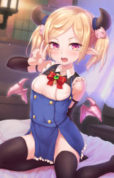 Rule 34 | 1girl, arm warmers, bare shoulders, black thighhighs, blonde hair, blush, child, demon girl, demon horns, demon wings, dress, fang, framed breasts, hair ornament, horns, long hair, looking at viewer, open mouth, original, pointy ears, red eyes, shinovi, short twintails, sitting, sleeveless, sleeveless dress, smile, solo, thighhighs, twintails, underbust, v, wings