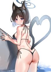 Rule 34 | 1girl, animal ears, ass, bikini, black bikini, black eyes, black hair, blue archive, breasts, butt crack, cat ears, from behind, halo, heart tail duo, highres, katsushika pachi, kikyou (blue archive), looking at viewer, looking back, medium breasts, multiple tails, short hair, side-tie bikini bottom, solo, standing, swimsuit, tail, two tails