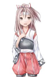 Rule 34 | 10s, 1girl, bad id, bad pixiv id, bow, brown eyes, grey hair, hachimaki, hair bow, hand on own chest, headband, japanese clothes, kantai collection, looking at viewer, muneate, pink hair, shorts, simple background, smile, solo, white background, yuyuzuki (yume usagi), zuihou (kancolle)
