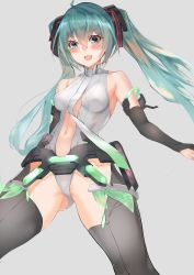 Rule 34 | 1girl, absurdres, ahoge, aqua hair, bare shoulders, blush, breasts, detached sleeves, gluteal fold, grey background, groin tendon, hair between eyes, hatsune miku, highleg, highres, leotard, long hair, medium breasts, navel, sawatari kazuma, smile, solo, teeth, thighhighs, thighs, twintails, upper teeth only, vocaloid, vocaloid append, white thighhighs