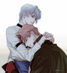 Rule 34 | 1boy, arm around neck, character request, comforting, earrings, fingernails, frown, gender request, gloves, grey eyes, grey hair, head on another&#039;s shoulder, hug, jewelry, juneseo, long sleeves, lord of heroes, own hands together, red hair, sad, shirt, short hair, smile, upper body, white background, white gloves, white shirt