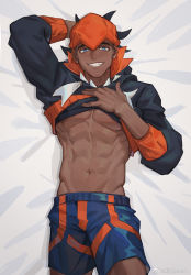 Rule 34 | 1boy, abs, amo (amo9612), arm behind head, bed sheet, black hair, black hoodie, blue eyes, blue shorts, bright pupils, clothes lift, commentary, creatures (company), dark-skinned male, dark skin, earrings, from above, game freak, grin, headband, highres, hood, hoodie, hoodie lift, jewelry, lifted by self, looking at viewer, lying, male focus, muscular, muscular male, navel, nintendo, on back, orange headband, pectorals, pokemon, pokemon swsh, raihan (pokemon), short hair, shorts, sleeves past elbows, smile, solo, teeth, undercut, white pupils