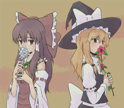 Rule 34 | 2girls, ascot, bare shoulders, blonde hair, bow, brown hair, covering own mouth, detached sleeves, expressionless, female focus, flower, flower request, hakurei reimu, hat, hat bow, holding, holding flower, kannari, kirisame marisa, long hair, long sleeves, multiple girls, puffy long sleeves, puffy sleeves, red bow, ribbon-trimmed sleeves, ribbon trim, sidelocks, smelling, touhou, turtleneck, upper body, vest, white bow, witch hat