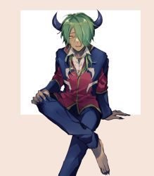 Rule 34 | 1boy, barefoot, black horns, black nails, dark-skinned male, dark skin, demon horns, demon king tasogare, foot out of frame, green hair, hair over one eye, hand on own knee, highres, horns, invisible chair, koma (komagoma co), crossed legs, long hair, long sleeves, looking at viewer, male focus, maou-jou de oyasumi, nail polish, pants, pink background, simple background, sitting, solo, two-tone background, yellow eyes