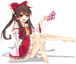 Rule 34 | 1girl, :d, ascot, barefoot, blush, bow, brown hair, collar, detached sleeves, frilled collar, frilled shirt collar, frilled skirt, frills, full body, hair bow, hair tubes, hakurei reimu, highres, japanese clothes, knees up, long hair, long sleeves, looking at viewer, miko, moko-rinn, ofuda, open mouth, red bow, red eyes, red skirt, sidelocks, sitting, skirt, skirt set, smile, solo, touhou, white background