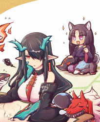 Rule 34 | 1girl, :d, animal ears, arknights, arm tattoo, bitey (arknights), black collar, black hair, blush, breasts, chibi, collar, colored skin, dog ears, dog girl, dog tail, dragon, dragon horns, dress, dusk (arknights), ear piercing, facial mark, flying sweatdrops, forehead mark, green hair, green skin, hair over one eye, hand up, head rest, holding, holding paintbrush, horns, large breasts, long hair, long sleeves, multicolored hair, necktie, open mouth, paintbrush, painting (action), pants, petting, piercing, pointy ears, purple eyes, purple pants, purple shirt, red eyes, red necktie, saga (arknights), seiza, shirt, sitting, sleeveless, sleeveless dress, smarty (arknights), smile, solo, sparkle, squiggle, streaked hair, tail, tattoo, unamused, very long hair, white dress, wide sleeves, yodo rado