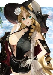 Rule 34 | 1girl, absurdres, animal ears, arknights, black hat, blonde hair, breasts, cleavage, drill hair, ears through headwear, fang, flower, gloves, green eyes, hair flower, hair ornament, hand up, hat, highres, kajuu, long hair, looking at viewer, open mouth, sidelocks, single glove, smile, solo, swire (arknights), swire the elegant wit (arknights), tail, tiger ears, tiger girl, tiger tail, very long hair, white gloves