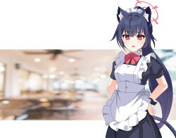 Rule 34 | 1girl, alternate costume, alternate hairstyle, animal ear fluff, animal ears, apron, black hair, blue archive, blurry, cat ears, cat girl, cat tail, commentary, crossover, cup, depth of field, drinking glass, english commentary, enmaided, frilled apron, frills, hair between eyes, halo, hands on own hips, highres, holding, holding tray, long hair, looking at viewer, maid, maid apron, maid headdress, maxwelzy, parted lips, ponytail, red eyes, serika (blue archive), short sleeves, sidelocks, solo, tail, tray, white apron, wrist cuffs