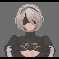 Rule 34 | 1girl, bad id, bad pixiv id, black blindfold, black gloves, black hairband, blindfold, cleavage cutout, closed mouth, clothing cutout, gloves, grey background, grey hair, hairband, highres, mole, mole under mouth, nier (series), nier:automata, puffy sleeves, see-through, simple background, solo, tundroded, turtleneck, upper body, 2b (nier:automata)