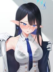 Rule 34 | 1girl, black bra, black hair, blue archive, blue eyes, bra, bra visible through clothes, commentary, english commentary, glasses, gloves, highres, kurisu-kun, long hair, looking to the side, pointy ears, rin (blue archive), solo, underwear, upper body, white gloves