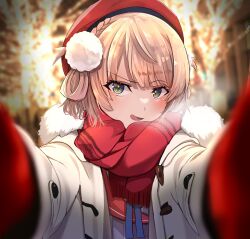 Rule 34 | 1girl, absurdres, beret, blonde hair, blue ribbon, blunt bangs, blurry, blurry background, blurry foreground, blush, braid, breath, coat, depth of field, french braid, fringe trim, fur-trimmed coat, fur trim, green eyes, grey jacket, hair ornament, hair rings, hat, highres, indie virtual youtuber, jacket, looking at viewer, meme, mittens, nanakusa ayame, neck ribbon, open mouth, pom pom (clothes), pom pom hair ornament, pov, pov cheek warming (meme), raised eyebrow, red headwear, red mittens, red sailor collar, red scarf, ribbon, sailor collar, scarf, shigure ui (vtuber), short hair, side braid, single hair ring, swept bangs, virtual youtuber, white coat