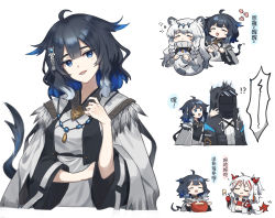 Rule 34 | 1other, 3girls, ahoge, ambiguous gender, animal ears, arknights, black coat, blue hair, brushing hair, cape, chibi, closed eyes, coat, cooking pot, doctor (arknights), eating, grey cape, grey shirt, hair brush, hair ornament, highres, jewelry, kjera (arknights), leopard ears, leopard girl, leopard tail, long hair, mabing, multicolored hair, multiple girls, necklace, nian (arknights), open clothes, open coat, pramanix (arknights), shirt, short hair, streaked hair, tail, translated, white background