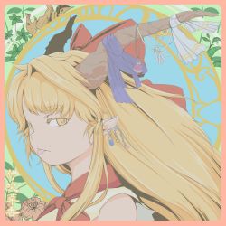 Rule 34 | 1girl, art nouveau, blonde hair, border, bow, chain, character name, circle, commentary, cube, ear piercing, flower, freckles, hair bow, highres, horn ornament, horn ribbon, horns, ibuki suika, leaf, long hair, looking at viewer, oni, piercing, pink border, pointy ears, portrait, red bow, ribbon, shirt, sleeveless, sleeveless shirt, solo, soretsu nitohei, thick eyebrows, tongue, tongue out, touhou, triangle, yellow eyes