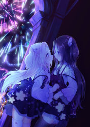 Rule 34 | 2girls, 54hao, aerial fireworks, bare tree, black hair, black legwear, blue dress, blush, dress, eye contact, fireworks, floral print, highres, incest, long hair, long sleeves, looking at another, multiple girls, night, night sky, original, outdoors, parted bangs, parted lips, print dress, profile, purple dress, shirt, siblings, sisters, sky, sleeveless, sleeveless dress, thighhighs, tree, twins, two side up, very long hair, white hair, white legwear, white shirt, wide sleeves, wing hair ornament