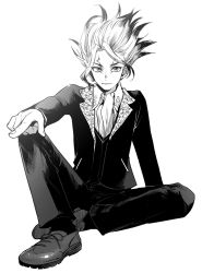 Rule 34 | 1boy, closed mouth, dr. stone, ear piercing, earrings, fingernails, formal, highres, ishigami senkuu, japanese clothes, jewelry, long sleeves, medium hair, monochrome, multicolored hair, pale skin, pants, piercing, pointing, scar, scar across eye, scar on face, shoes, sitting, sleeves past elbows, smile, suit, two-tone hair, white background, yokoyari mengo