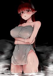 Rule 34 | 1girl, :/, alternate hairstyle, animal ears, arms under breasts, bare shoulders, black background, blunt bangs, breasts, cat ears, cat tail, cowboy shot, extra ears, from below, hair down, kaenbyou rin, large breasts, looking at viewer, mizuga, multiple tails, naked towel, nekomata, night, onsen, outdoors, parted lips, pointy ears, red eyes, red hair, simple background, solo, tail, touhou, towel, two tails, wading