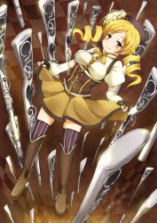 Rule 34 | 10s, 1girl, bad id, bad pixiv id, beret, blonde hair, boots, clothes lift, corset, detached sleeves, drill hair, fingerless gloves, gloves, goushou, gun, hair ornament, hat, highres, magical girl, magical musket, mahou shoujo madoka magica, musket, pleated skirt, puffy sleeves, rifle, skirt, skirt lift, solo, striped clothes, striped thighhighs, thighhighs, tomoe mami, vertical-striped clothes, vertical-striped thighhighs, weapon, yellow eyes