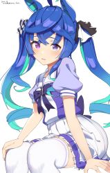 Rule 34 | 1girl, @ @, ahoge, animal ears, arm up, black bow, black ribbon, blue hair, blush, bow, commentary request, dated, frilled skirt, frills, hair between eyes, hair ribbon, highres, hirota fruit, horse ears, long hair, looking at viewer, multicolored hair, parted lips, pleated skirt, puffy short sleeves, puffy sleeves, purple eyes, purple shirt, ribbon, school uniform, sharp teeth, shirt, short sleeves, simple background, sitting, skirt, solo, teeth, thighhighs, tracen school uniform, twin turbo (umamusume), twintails, twitter username, two-tone hair, umamusume, very long hair, white background, white skirt, white thighhighs