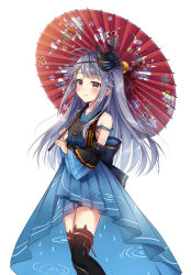 Rule 34 | 1girl, animal ear legwear, bare shoulders, bell, black thighhighs, blue skirt, blush, cat ear legwear, closed mouth, cowboy shot, detached sleeves, hibiki tohru, highres, holding, holding umbrella, ice cream mad labo, japanese clothes, jingle bell, looking at viewer, mask, mask on head, minakaze ame, oil-paper umbrella, red eyes, silver hair, skirt, smile, solo, thighhighs, umbrella, virtual youtuber, zettai ryouiki