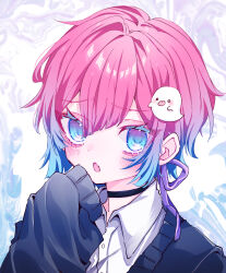 Rule 34 | 1boy, absurdres, androgynous, black choker, blue hair, blue sweater, blush, choker, collared shirt, colored eyelashes, ghost hair ornament, gradient hair, hair ribbon, highres, male focus, multicolored hair, noma ebi, open mouth, original, pink hair, purple hair, purple ribbon, ribbon, shirt, short hair, sleeves past fingers, sleeves past wrists, solo, sweater, white shirt, yume kawaii